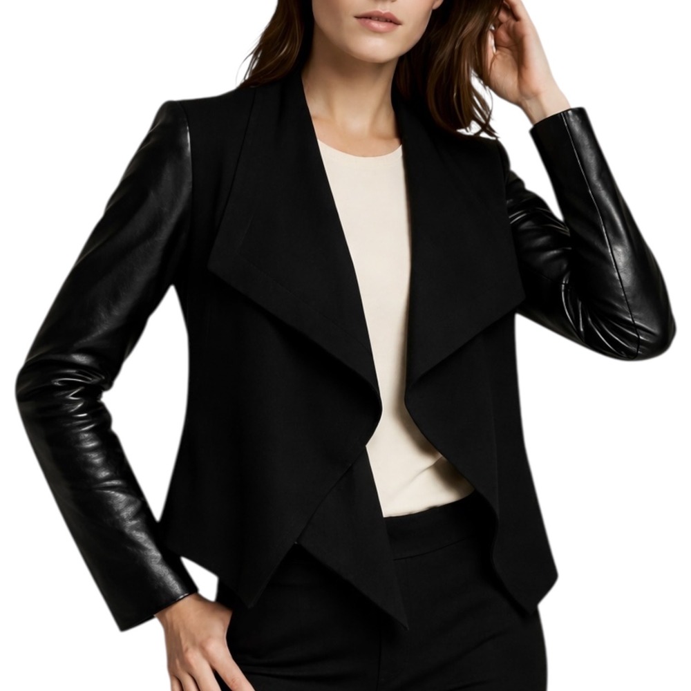 Diane von Furstenberg Womens Draped‎ Jacket Black Leather Sleeve Blazer US 4